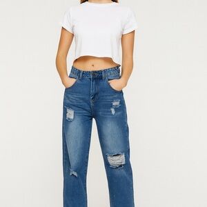 Classic Blue Distressed Women Jeans Wide Leg Size XL High Waist Denim